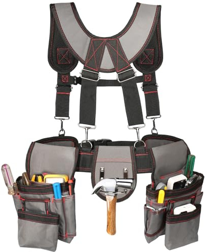 Professioneller Werkzeuggürtel für Herren mit Hosenträgern, 18 Taschen, robuste Werkzeugtasche, strapazierfähiger, abnehmbarer, verstellbarer Allzweckgürtel, Arbeitstasche für Elektriker, Tischler