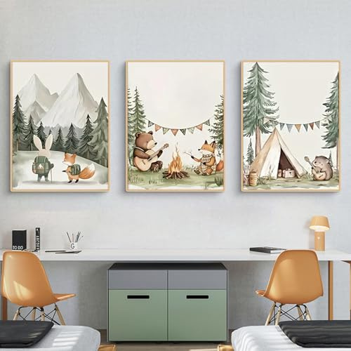 TROYSINC 3er Grüne Waldtiere Poster Set, Aesthetic Cartoon Grüne Waldtiere Wandbilder Wohnzimmer, Wanddeko für Kinderzimmer, ohne Rahmen (A,30x40cm)