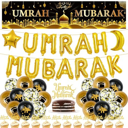 Umrah Mubarak Party Deko Set - 37 Stück Gold Schwarz Islamische Dekoration mit Folienballon Buchstaben, Girlande, Latexballons und Cake Topper für Umrah Feier