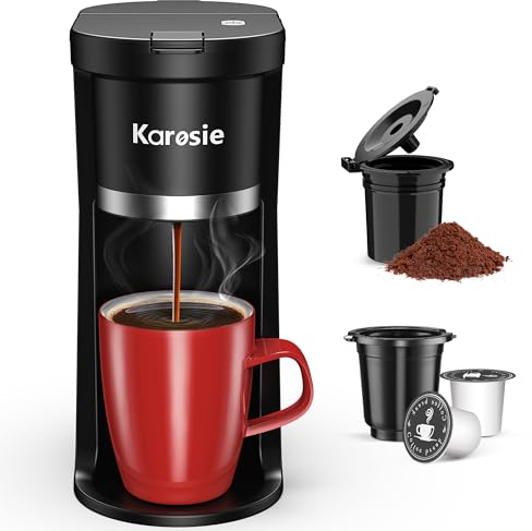 Karosie Small Single Serve Coffee Maker, Fast Brew for K-Cup & Ground Coffee, 6-12 Oz Brew Sizes, One-Button Single Cup Coffee Maker, Coffee Machine with Descaling Reminder