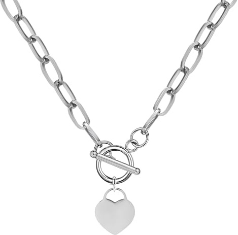 925 Sterling Silver Coin Toggle Necklace For Women, Paperclip Chain Padlock Pendant - Lock And Key, Heart,