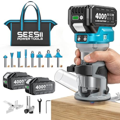 SEESII Fresadora Para Madera, 33000RPM motor sin escobillas | fresadora a batería con 2 baterías de 4,0 Ah,Base de Aluminio, Indicador LED, fresa de 1/4, para trabajar la madera
