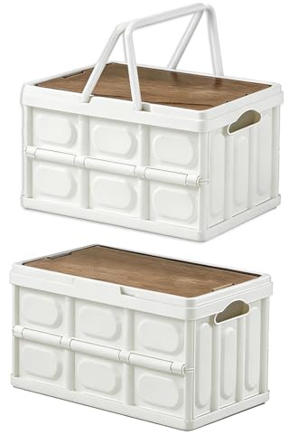 SlateSoul 56L Aufbewahrungsbox mit Deckel, 2er Set - Klappboxen faltbar stabil aus Kunststoff, Campingbox mit Holzdeckel, stapelbar Kofferraum Organizer, Camping Schrank klappbar, 54x36x29cm, Weiß
