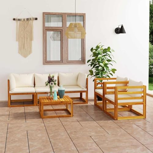 PTUGUOF 6-TLG. Garten-Lounge-Set mit Auflagen Creme Massivholz Akazie – Modulares Lounge-Set aus massivem Akazienholz mit abnehmbaren Sitz- und Rückenpolstern, inklusive Couchtisch