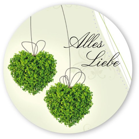 Geschenk-Aufkleber Alles Liebe grüne Herzen, rund Ø 30mm selbstklebende PE-Folie, 100 Stück auf Rolle