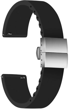 ULLCHRO Unisex Kautschuk Armband mit Edelstahl Silber Faltschließe 20mm, Schwarz