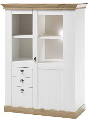 Vitrinenelement Côte d’Azur, Pinie weiß/Wotan Eiche NB, 102 x 139 x 44 cm, Schrank, Wohnzimmer, Vitrinenschrank, Schrankvitrine Ausführung ohne Beleuchtung