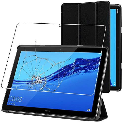 ebestStar - for Huawei MediaPad M5 Lite 10.1 Case Tablet 10.1, Smart Cover Magnetic Flip Protection, PU Leather, Black + Glass Screen Protector