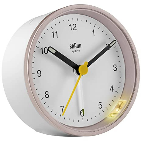 Braun klassisk analog kvartsurverk i rosa-vit/snooze-funktion och ljusfunktion/tyst precisionskvartsurverk, lysande visare/Crescendo larm/modell BC12PW