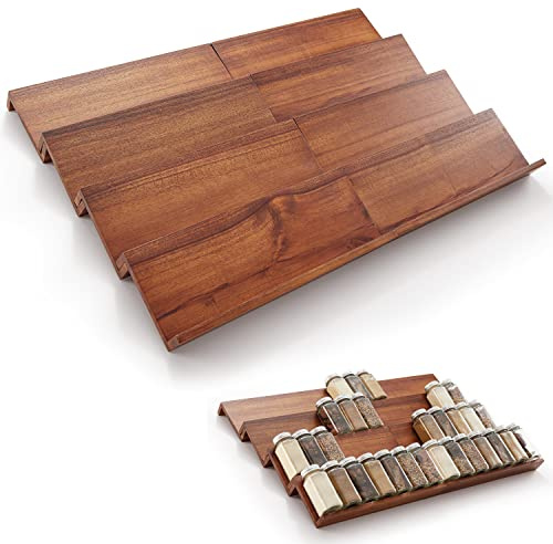 Tinamo Acacia Wood Spice Drawer Organizer - 4 Tier Spice Rack Organizer for Cabinet Storage Shelf - 18.5 x 26 x 3.8 inches (Pack 8) for Kitchen Spices & Small Jars