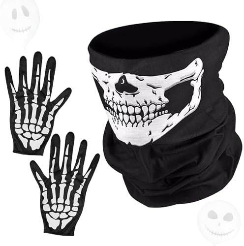 Gant et Masque Squelette Halloween, Masque de Crâne d'Halloween pour Enfants, Adultes - Idéal pour Motos, Randonnée, Carnaval, Cosplay