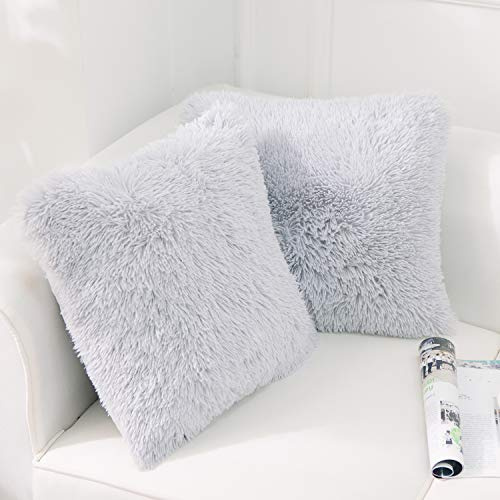 NordECO HOME 2er Set kissenbezüge Kissen Künstlich Pelz Fellkissen Dekorative Deko Kissen Kuschelkissen Flauschig Sofakissen Weich Plüschkissen für Sofa 40x40 cm Grau