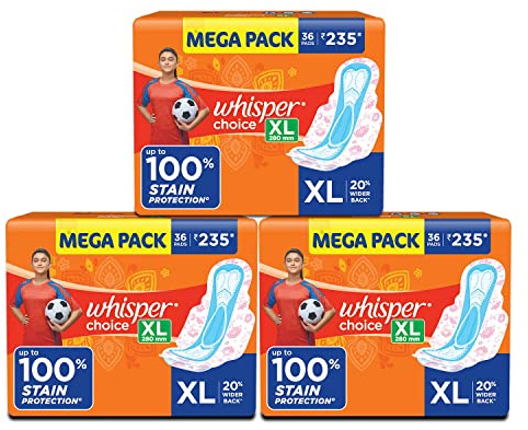 WHISPER Cuscinetti igienici a scelta, 36 cuscinetti XL, protezione dalle macchie fino al 100% tutto il giorno, lunghezza più lunga per una migliore copertura, 20% più largo, lenzuolo superiore