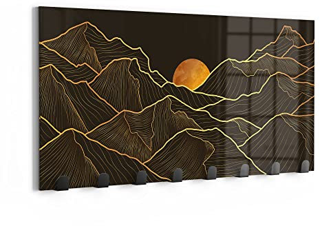 DEQORI Wandgarderobe Glas & Metall | Motiv Goldenes Linien Gebirge | 60x30 cm | Design Haken-Leiste modern | Garderoben-Paneel für Flur, Wohnzimmer & Schlafzimmer | magnetisch & beschreibbar