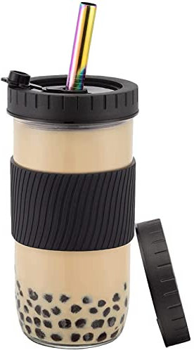 Duffy Reusable Boba Water Cup Set 730ml Wide Mouth Leakproof Large Capacity Storage Bottles Kit for Drinking Cold Smoothie Mugs Iced Office Home 24oz (Black)