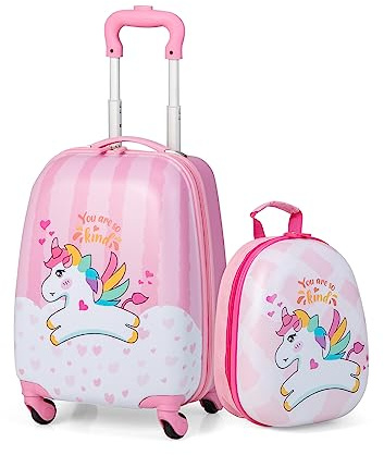 COSTWAY Set di Valigia per Bambini, 16 Valigia+ 12 Zaino, 2 Pezzi, con Ruote Girevoli a 360° e Maniglia Retrattile, Ideale per Viaggiare in Modo Comodo e Divertente (Modello 2)