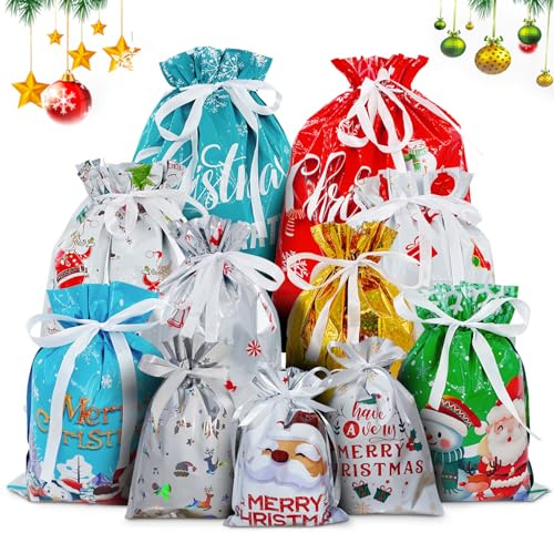 AOUVT 24 st presentpåse med snodd, julklappspåsar i aluminium, julklappspåse, julgodispåsar, lämpliga för presentförpackning och juldekorationer