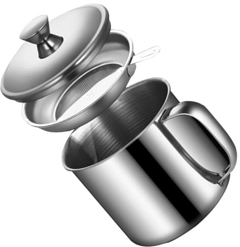 HOMSFOU Stainless Steel Oil Strainer Pot with Filter Mesh Grease Container for Cooking Oil Vinegar and Soy Sauce Kitchen Container with Handle 5.71 in