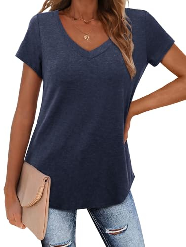 Amoretu Camiseta de verano para mujer, manga corta, túnica, elegante, cuello de pico, suelta, básica, blusa larga, azul marino, L