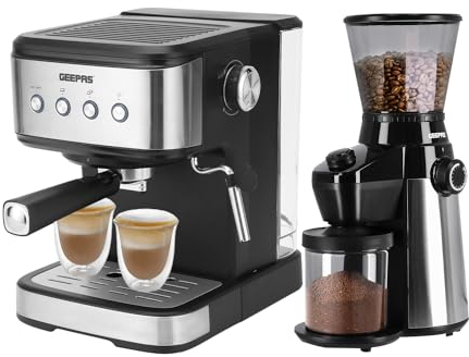 GEEPAS 1100W Espresso & Cappuccino Coffee Machine & Conical Burr Coffee Grinder Combo Set | Milk Frother, 1.5L Water Tank | Coffee Grinder with 15 Precise Grind Settings, 350g Capacity, Burr Mill
