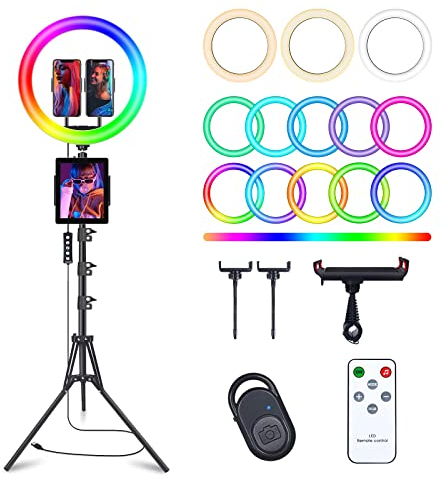 Herrfilk 13 Zoll Ringlicht mit Stativ, 1 Tablet-Clip und 2 Handyhalterungen, 3000-6000K,10 Helligkeiten, Musik modi, 100 RGB-Lichtmodi, LED Ringleuchte für Selfie,Tik Tok Vlog,YouTube, Facebook Video