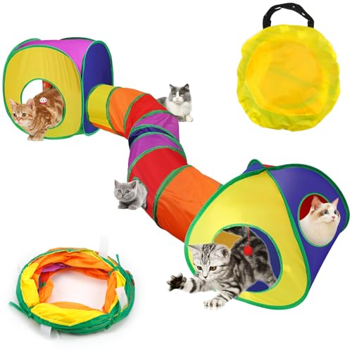 Interaktives Katzenspielzeug Katzentunnel Spieltunnel 3 in 1 Katzenzelt für Katzen Hund Hasen Kinder Faltbarer Kaninchen Tunnel Cat Toy Rascheltunnel mit Aufbewahrungspaket für Innen und Outdoor