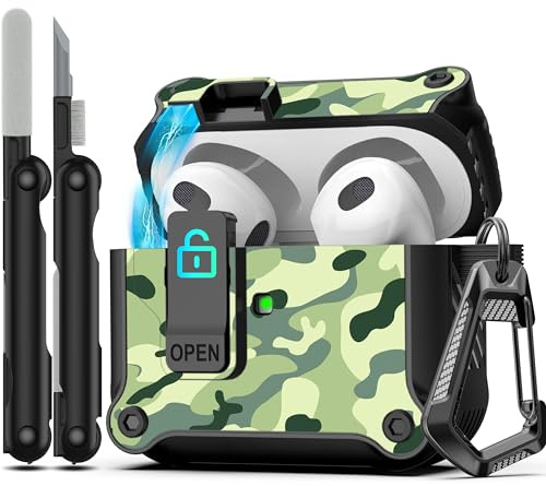 RFUNGUANGO Custodia compatibile con Airpods 3 con kit di pulizia, clip di chiusura sicura, antiurto per tutto il corpo compatibile con custodia AirPod 3 2021,camuffamento della foresta pluviale