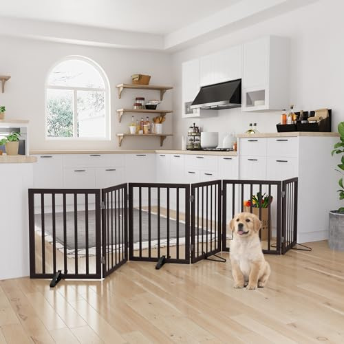 Semiocthome Portes pour chiens en bois pour la maison extra larges, barrières à 6 panneaux autoportantes avec 4 supports métalliques pour portes et escaliers, clôtures pliantes pour chiens à l