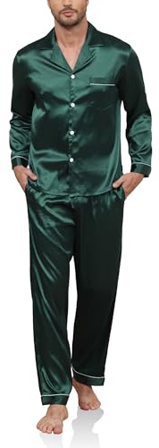 Reliwel Pyjamas, herr, lång satin, pyjamas-set, tvådelad, långärmad, knappslå hemmadräkt och pyjamasbyxor, sidenpyjamas, nattkläder, män, hemmakläder, sovkläder, loungewear, Grön, S