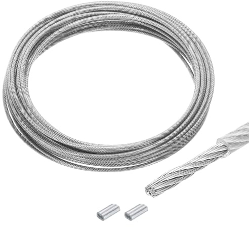 QUARKZMAN 10M x 2,5mm (33Ft x 3/32) Fune Metallico Cavo Acciaio Inossidabile 304, Tenditore Tirante con 2pz Manicotti Alluminio per Appendere Stendibiancheria Sollevamento, Trasparente