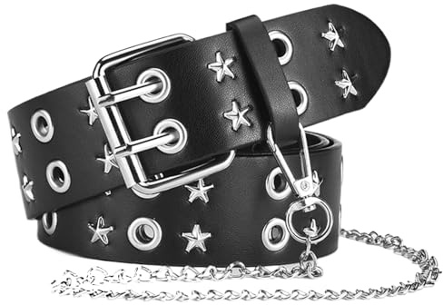 Bemous Punk Star Belts Hip Hop Schwarz Gürtel Doppelzinken Schnalle Gürtel mit abnehmbarer Kette für Frauen