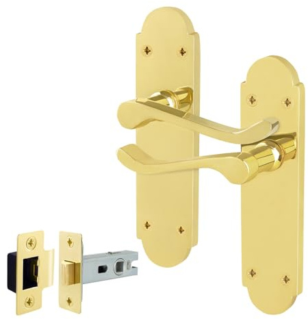 EAI Polished Brass Door Handles with Latch 64mm - Victorian Scroll | Complete Latch Kit with 1 Pair of Victorian Scroll Lever on Backplate Door Handles, 64mm Latch, Fixings Included