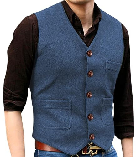 SRZYMJ Herren Weste Anzugweste Slim Fit Wolle Fischgrätenmuster Tweed Business Anzüge Westen Hochzeit Trauzeuge Party Blau Casual Businessweste Formelle Reitweste Anzug Hose Anzug Jacke Herren