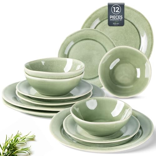 AmorArc Juego de vajilla de cerámica, juego de platos y cuencos de esmalte reactivo hecho a mano, resistente a los arañazos, apto para lavavajillas y microondas, servicio para 4 (12 piezas)