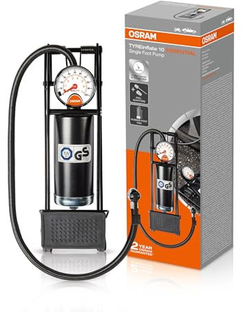 OSRAM TYREinflate 10 ESSENTIAL, pompa a pedale, pedale antiscivolo, design a cilindro singolo, per tutte le dimensioni di pneumatici, omologata TÜV tedesca