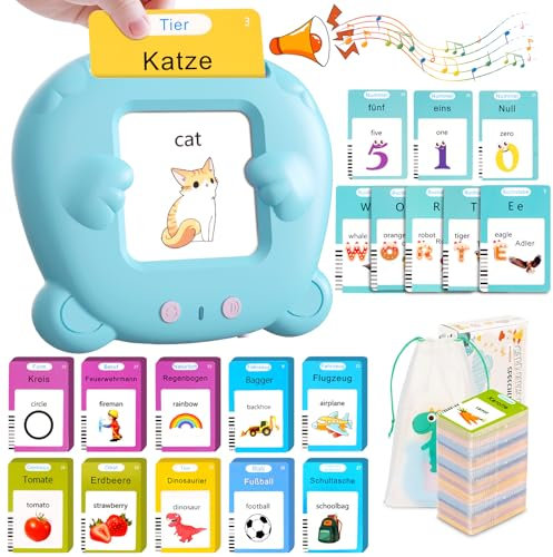 Winnrok Sprechende Lernkarten Deutsch Englisch,510 Wörter Lernkarten,Sprachförderung Lernspielzeug für Kinder ab 2-6 Jahr Flash Cards,Sprachspiele Interaktives Spielzeug für Mädchen Jungen-Blau