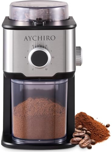 AYCHIRO Molinillo de café con rebabas, molinillo de café ajustable eléctrico con 14 ajustes de molienda, 2-12 tazas para café expreso, café de goteo y prensa francesa