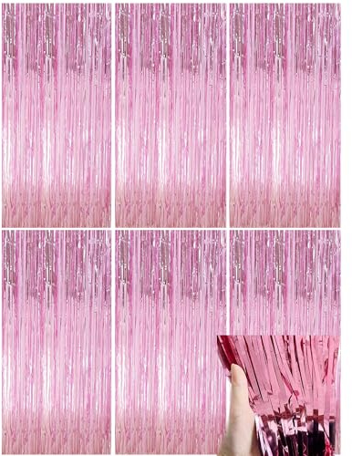 MingFontec 6 Stück Lametta Vorhang 1m x 2m, Glitzervorhang Lametta, Glitzer Party Vorhang, Folien Fransen Hintergrund fur Party Deko Geburtstagsdeko Hochzeit Festivals Bühnendekor (Pink)
