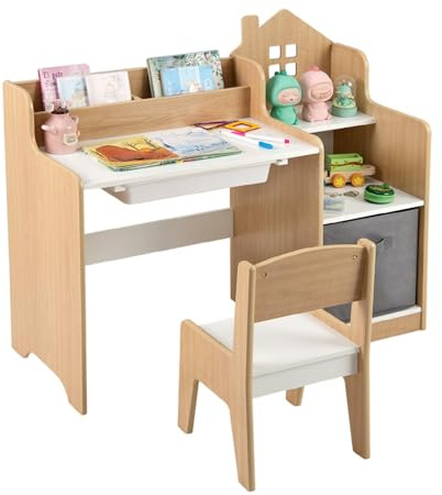 LIFEZEAL Bureau Enfant avec Rangement et Chaise, Table en Bois pour Garçon Fille 3-12 Ans, Bureau avec Bibliothèque, Compartiment, étagère, Tiroir en Tissu (Naturel)