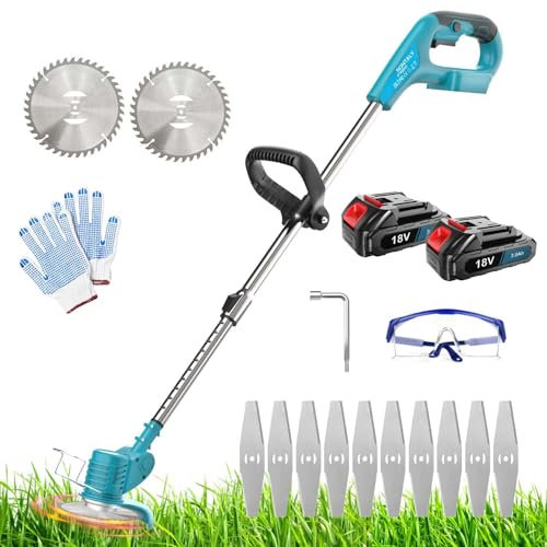 Akku-Rasentrimmer mit 2X 3.0AH Akku,Elektrischer Rasentrimmer Ersatz für Makita 18V BL1830,inkl.10x Metallklinge & 2X Kreissägeblätter, 90° Drehkopf,für Garden