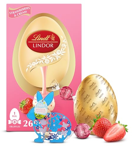 Topline Lindt Chocolates Easter Egg for Easter Gifts - Large Strawberries & Cream White Chocolate Egg with Truffles 260g & Topline Easter Hanging Decoration. Great Chocolate Gifts for Women, Mum