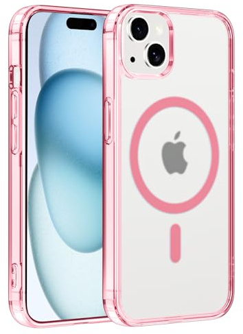 Coiwxmoi Custodia per iPhone 15 Cover Compatibile con MagSafe, Custodia TPU Morbida Trasparente con Anello Magnetico, Anti-Impressioni Digitali Backcover, Anti-Scivolo Anti-Urto Case, Rosa