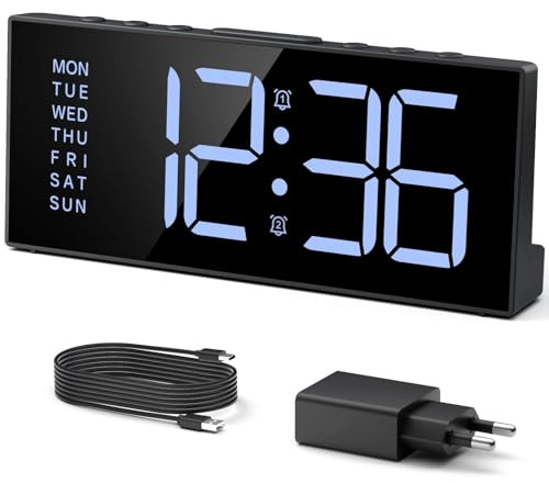 LATEC Sveglia Digitale da Comodino a Corrente 7 Pollici con Doppia Alarms, 5 Livelli di Luminosità, USB Charge, e 3 Modalità Sveglia per Camera da Letto