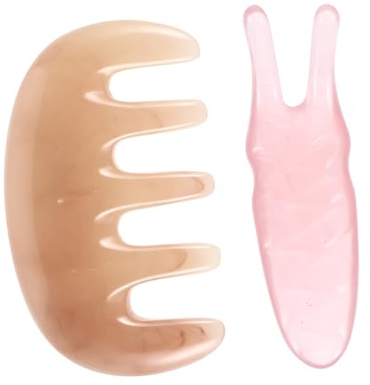 CALLARON Peine Masajeador y Placa de Guasha 2 Piezas, Masajeador de Resina Rosa, Raspador Acupresión Facial y Cuero Cabelludo, Cuidado Relajante para Alivio Muscular y Estrés