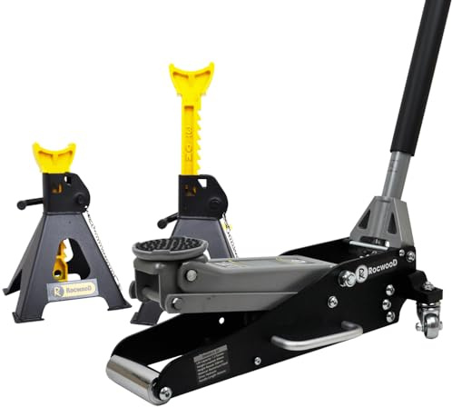 RocwooD Aluminium Trolley Jack 1.5 Ton Hydraulic Low Profile & 3 Ton Axle Stands Lifting Range 90mm-358mm Quick Lift Car Van Mechanic Workshop Emergency 1.5T Tonne