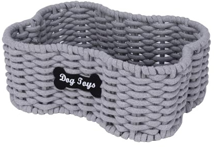 Geyecete Dog Toy Basket Grey cotton ropeHandmade Dog Toy Bin Bone Shaped Pet toy box Cat toy Storage Box Basket Pet Organizer Storage cat toy box