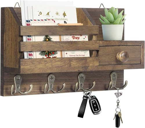 Irayin Schlüsselbrett Holz mit Ablage, Schlüsselhalter Holz mit 4 Doppel Haken und Aufbewahrungsschublade, Multifunktionales Schlüsselhalter für Eingangsbereich, Flur, Wohnzimmer, Büro - Braun
