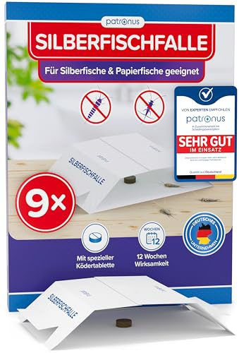 Patronus Silberfischfalle [9X] Monitoring-Klebefalle mit giftfreiem Köder | inkl. E-Book zum Thema: Silberfische bekämpfen - Papierfisch-Falle für alle Wohnräume zur Befallsermittlung