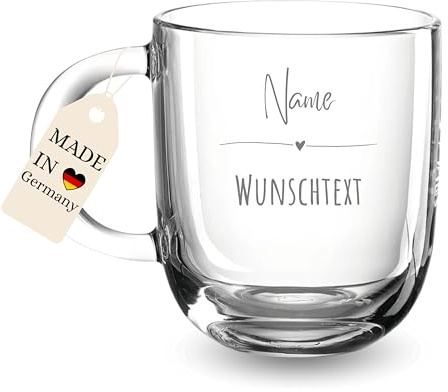 VILLA ROSA LOTTA Personalisierte Tasse mit Namen & Wunschtext - Große Glastasse mit Gravur als Geschenk Für Geburtstag, Weihnachten, Valentinstag