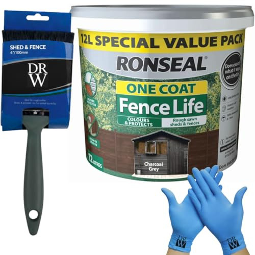 DRW One Coat Shed & Fence Protector 12L Charcoal Grey + Free 4 Fence Paint Brush & Nitrile Gloves | Long-Lasting Weatherproof Wood Protection | One Coat Formula for Sheds, Fences & Timber
